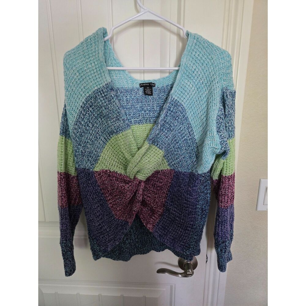 Audrey Love Women’s 2X Multicolor Colorblock Twist Front Chunky Knit Sweater